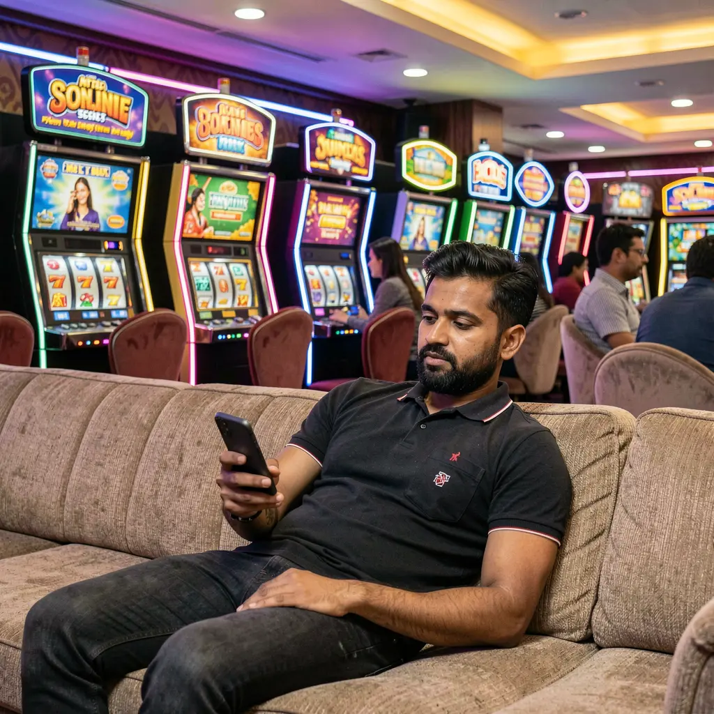 Relaxed Bangladeshi player using the TK588 casino app on a smartphone while lounging in front of colorful slot machines in a modern gaming environment