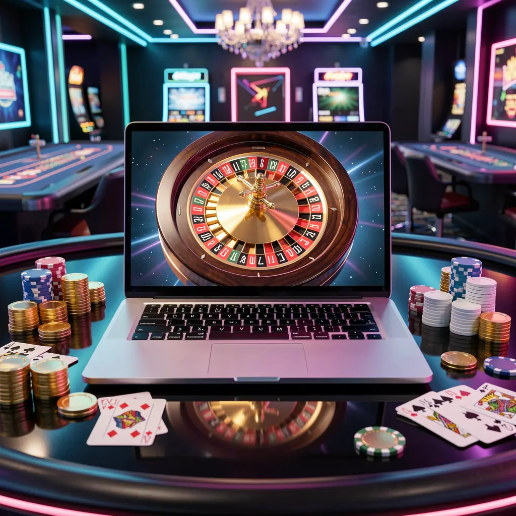 Modern laptop displaying a colorful online roulette wheel surrounded by casino chips and cards symbolizing the thrilling live casino action available on TK588
