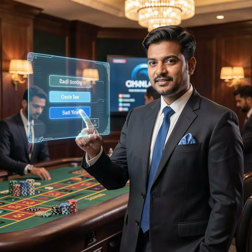 Confident Bangladeshi casino dealer pointing toward a holographic TK588 login panel with a glowing roulette table behind him